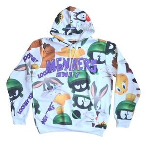 MEMBERS ONLY Looney Tune Cartoon AOP Multicolor Hoodie White Men's Size MEDIUM
